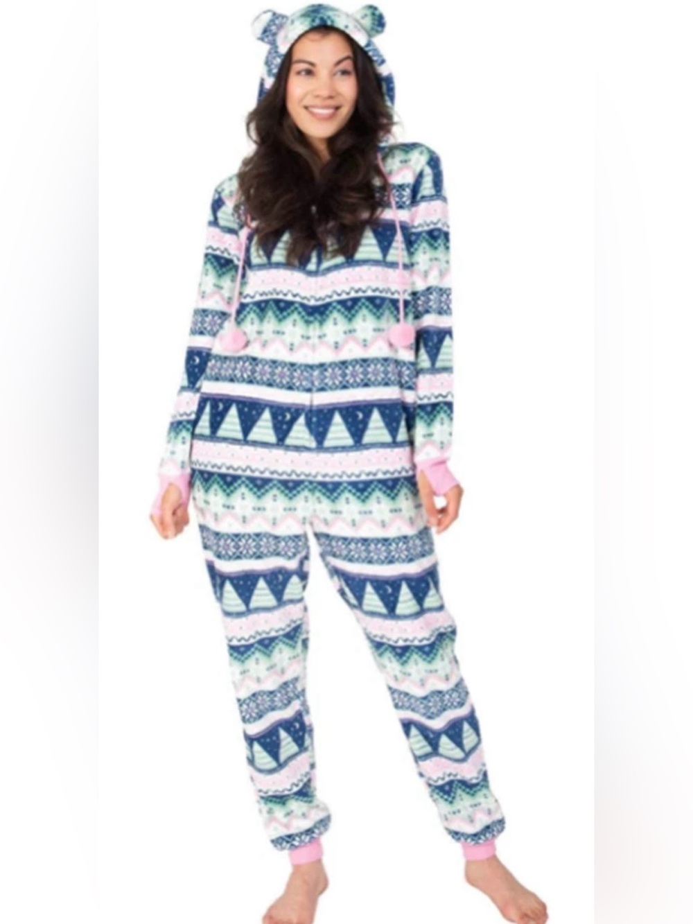 Munki Munki Ladies Hooded Fleece One Piece Pajama Pockets Pink Blue Pom Pom SZ S